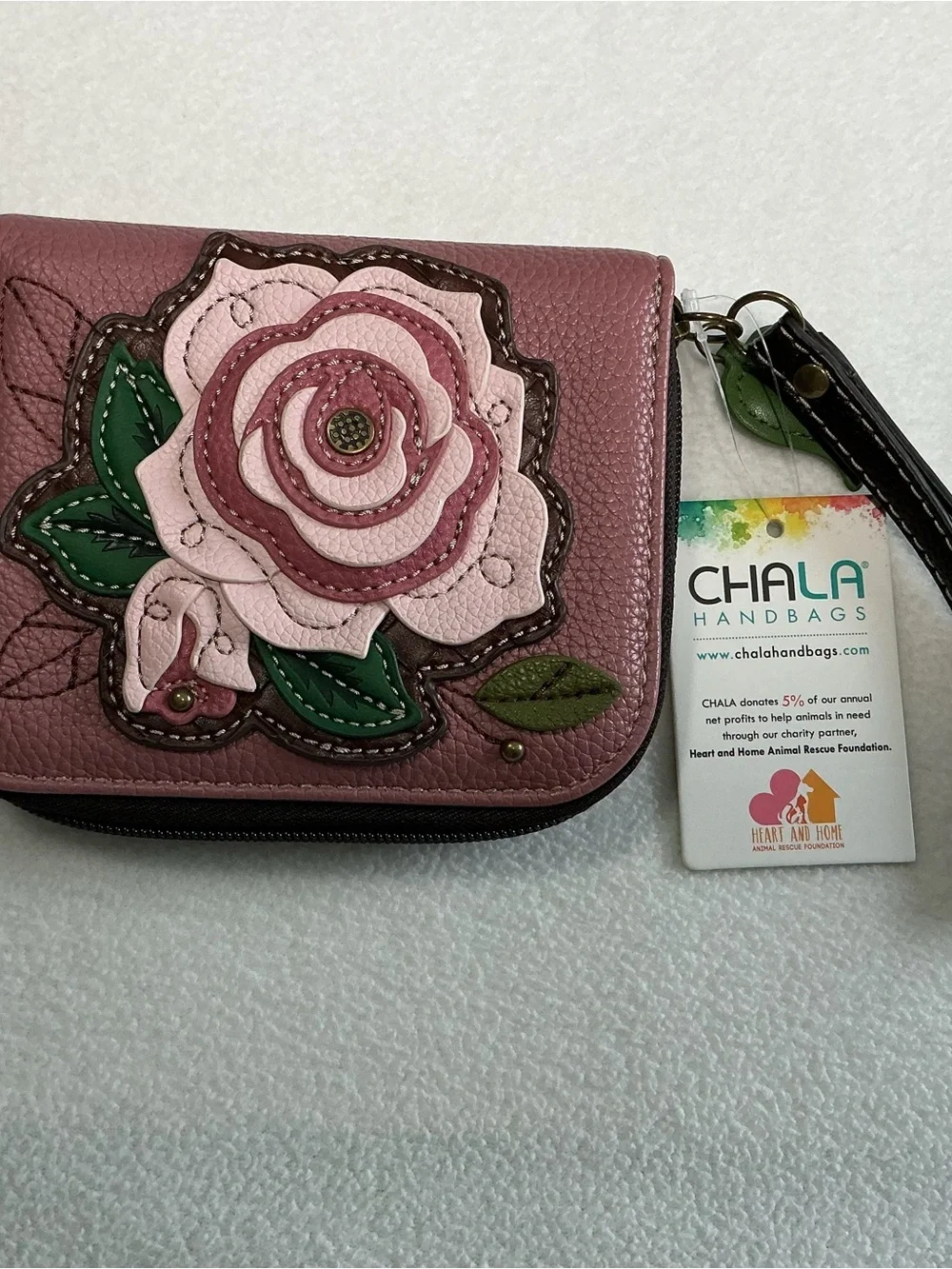 Chala Handbags Rose Zip Around Wallet Wristlet Dusty Pink Mauve Floral NWT